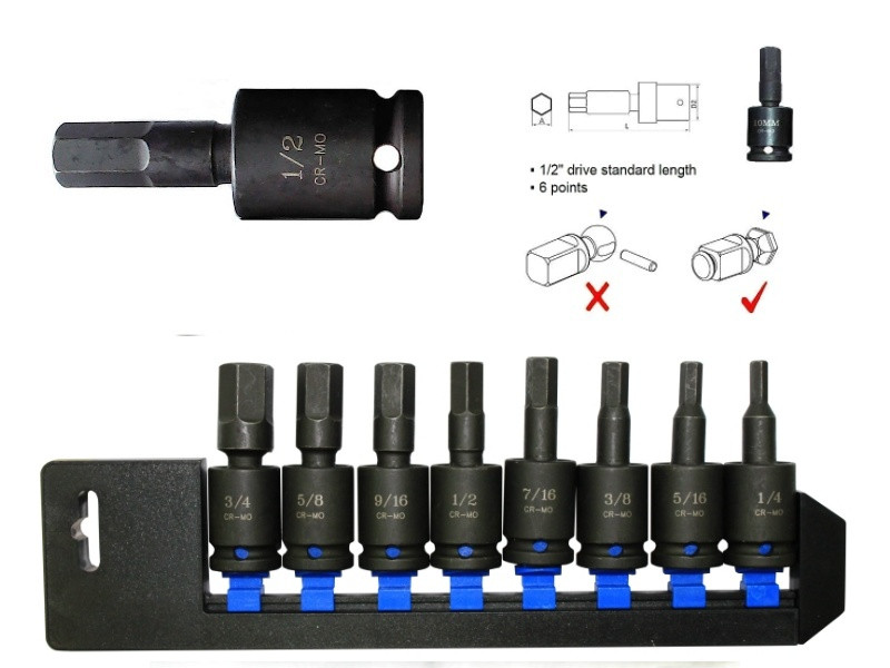 8PCS 1/2" DR. IMPACT UNIVERSAL HEX BIT SOCKET SET